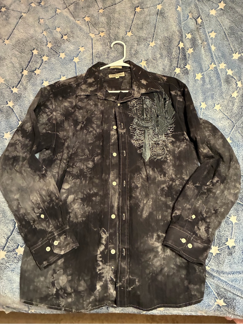 Eighty Eight Black Tie-Dye Button-Down Shirt with Embroidered Chest